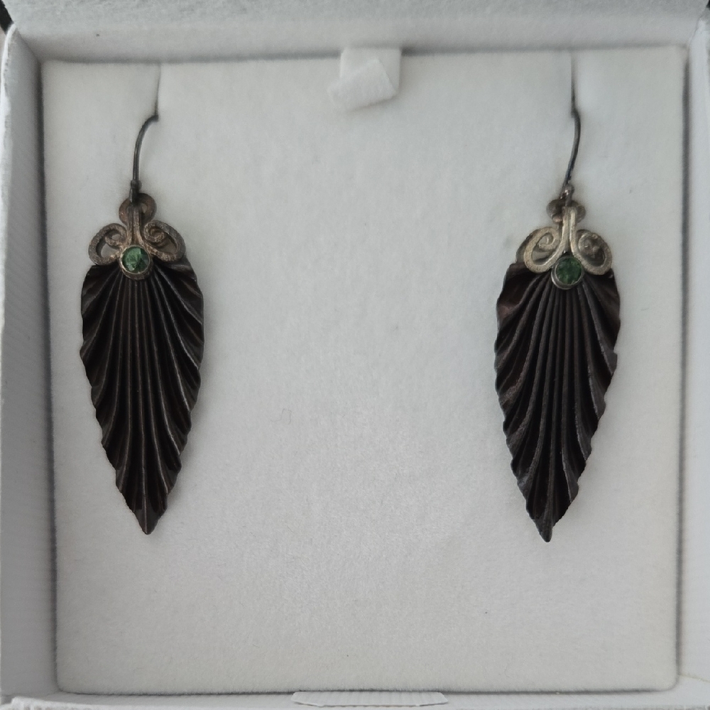 Chic Black Leaf Earrings with Silver and Green Details